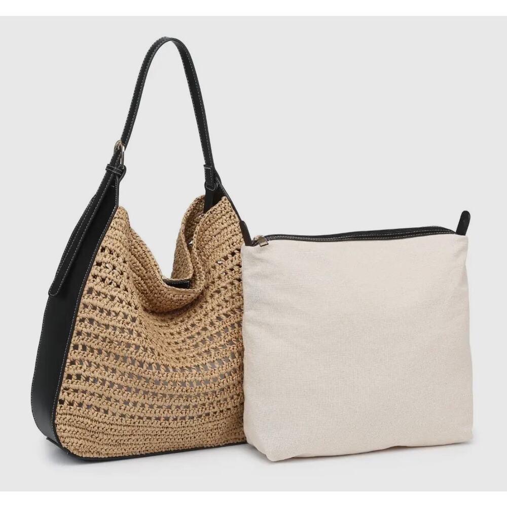 Moda Luxe Tan Woven Shoulder Bag with Black Trim - Picture 3 of 9